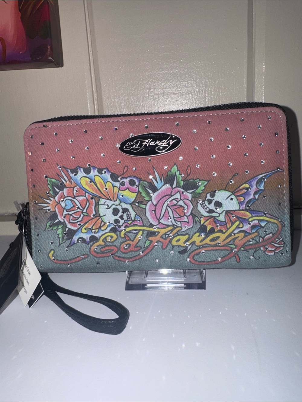 Ed Hardy Denim Pink tOmbre Tattoo-Print Double Zip Wristlet Stylish Fits Phone - Picture 1 of 4